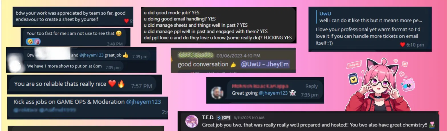 Discord and Telegram praise messages from teammates